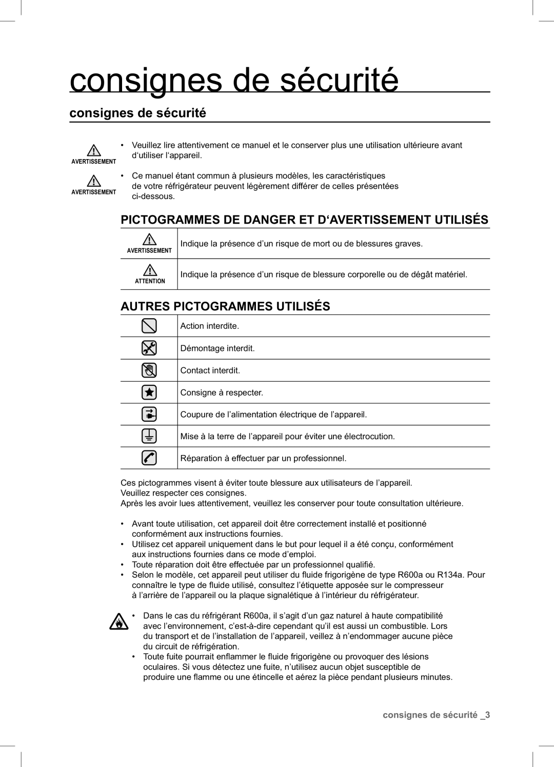 Samsung RSA1DTPE1/XEF, RSA1DTMH1/XEF, RSA1UTPE1/XEF, RSA1DTWP1/XEF, RSA1ZTPE1/XEF manual Consignes de sécurité 