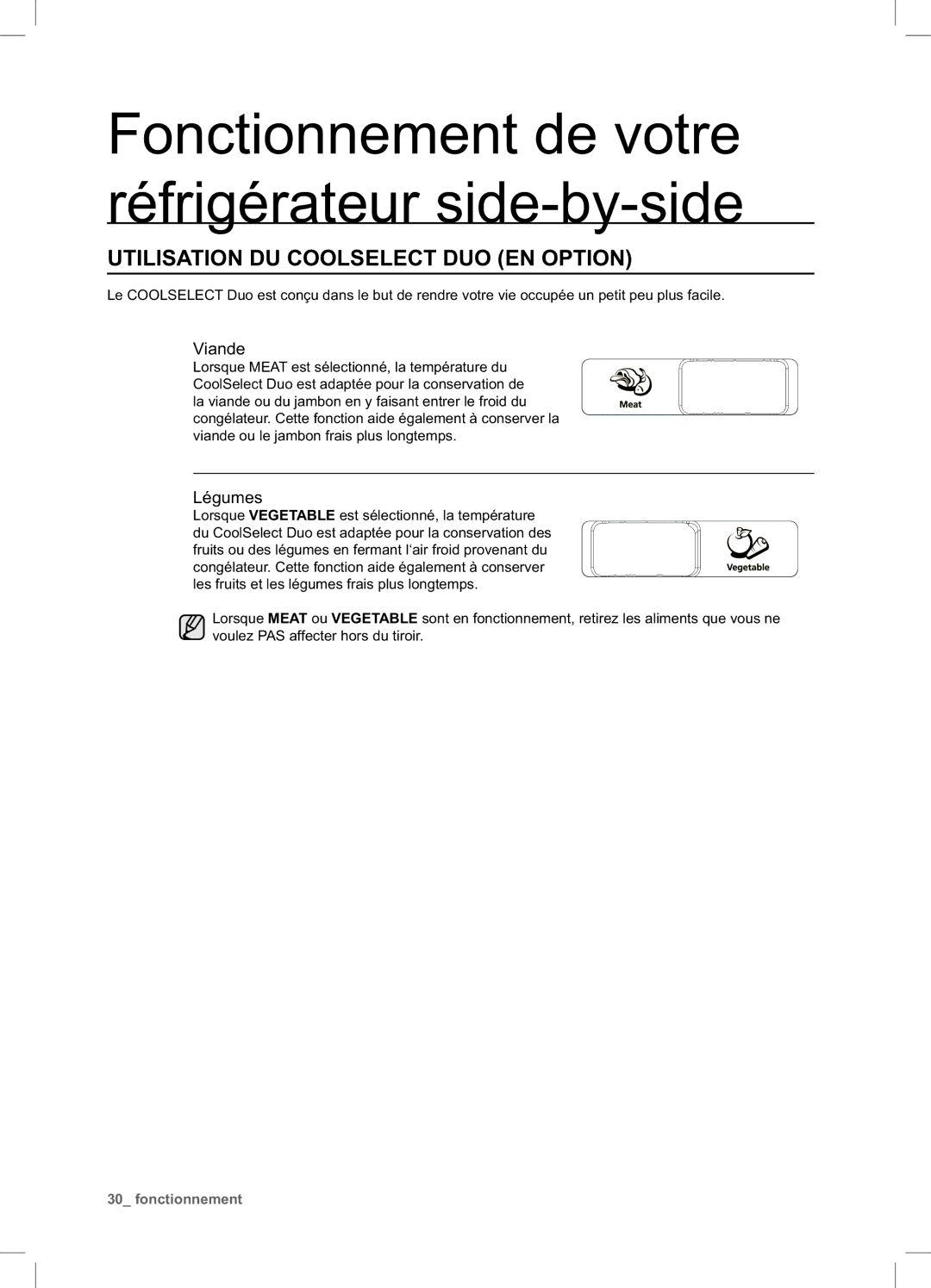 Samsung RSA1DTMH1/XEF, RSA1UTPE1/XEF, RSA1DTWP1/XEF, RSA1DTPE1/XEF Utilisation DU Coolselect DUO EN Option, Viande, Légumes 