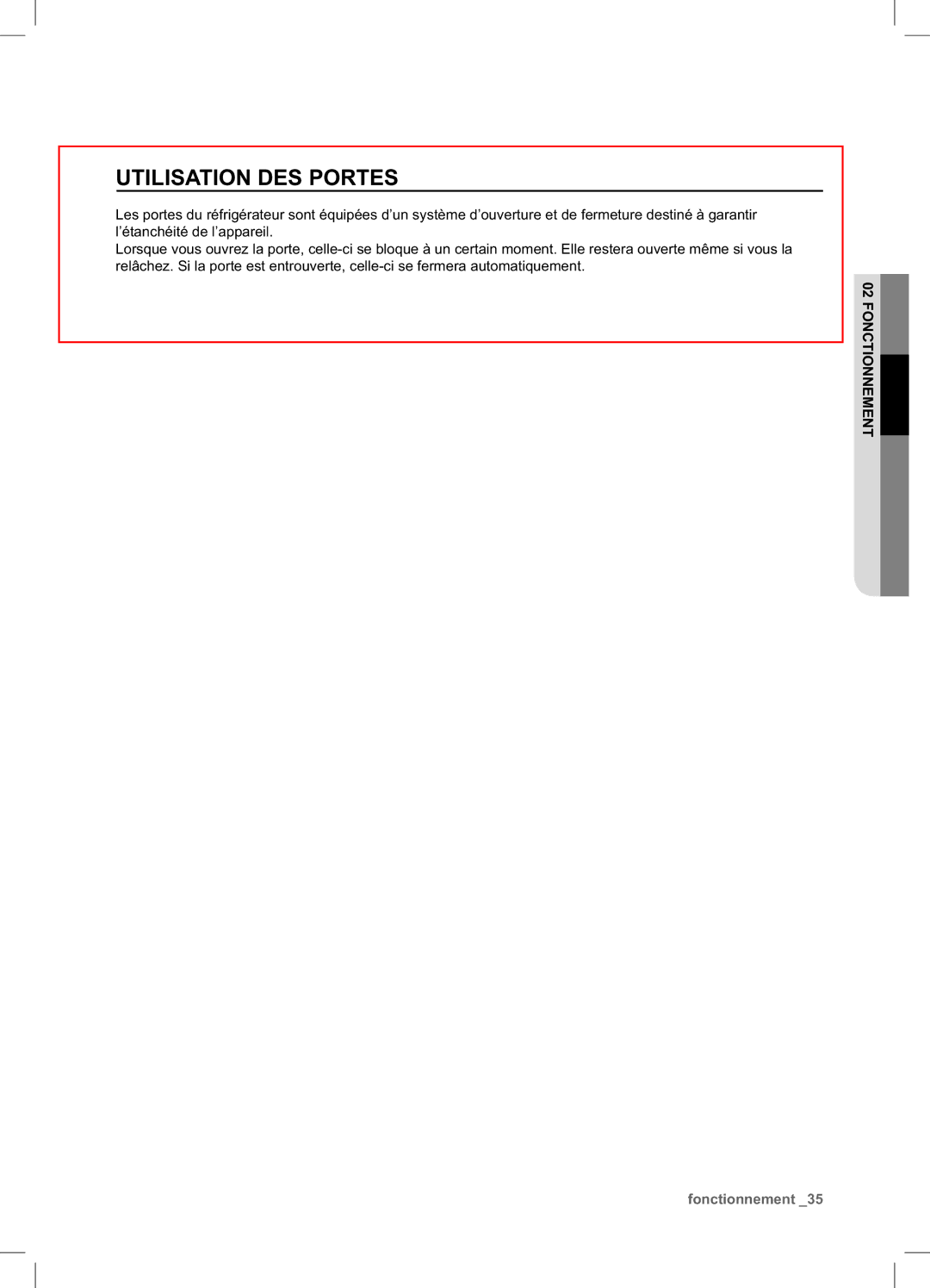 Samsung RSA1DTMH1/XEF, RSA1UTPE1/XEF, RSA1DTWP1/XEF, RSA1DTPE1/XEF, RSA1ZTPE1/XEF manual Utilisation DES Portes 