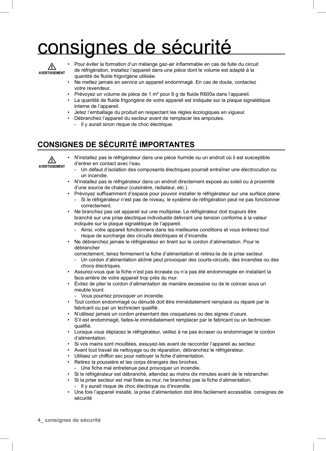 Samsung RSA1ZTPE1/XEF, RSA1DTMH1/XEF, RSA1UTPE1/XEF, RSA1DTWP1/XEF, RSA1DTPE1/XEF manual Consignes DE Sécurité Importantes 