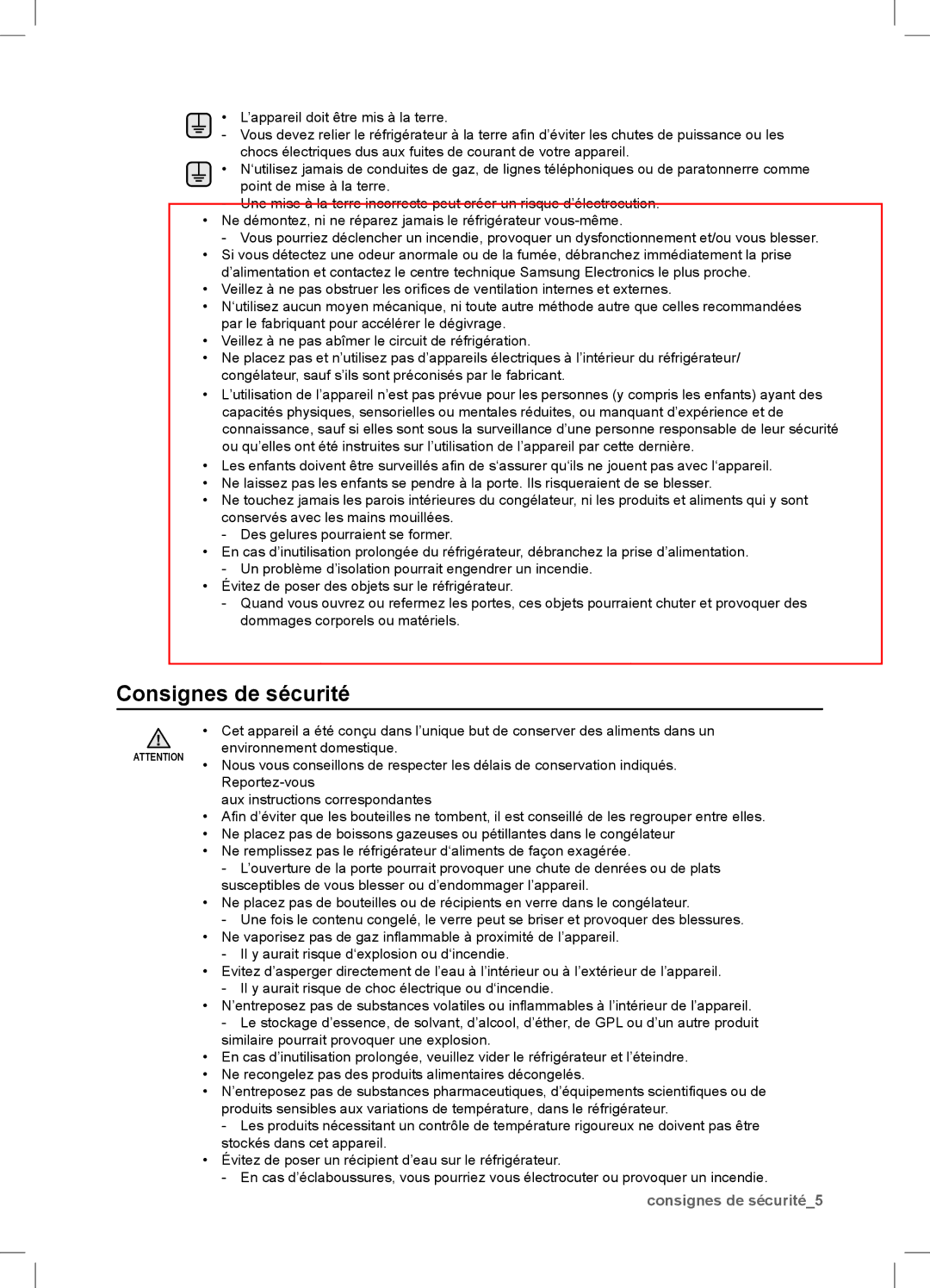 Samsung RSA1DTMH1/XEF, RSA1UTPE1/XEF, RSA1DTWP1/XEF, RSA1DTPE1/XEF, RSA1ZTPE1/XEF manual Consignes de sécurité5 