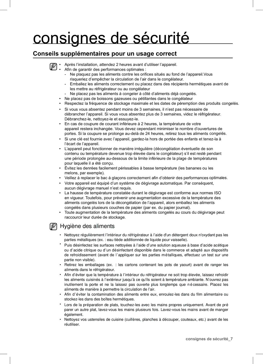 Samsung RSA1DTWP1/XEF, RSA1DTMH1/XEF, RSA1UTPE1/XEF Conseils supplémentaires pour un usage correct, Hygiène des aliments 