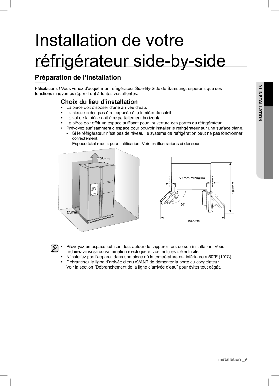 Samsung RSA1ZTPE1/XEF, RSA1DTMH1/XEF manual Installation de votre réfrigérateur side-by-side, Préparation de l’installation 