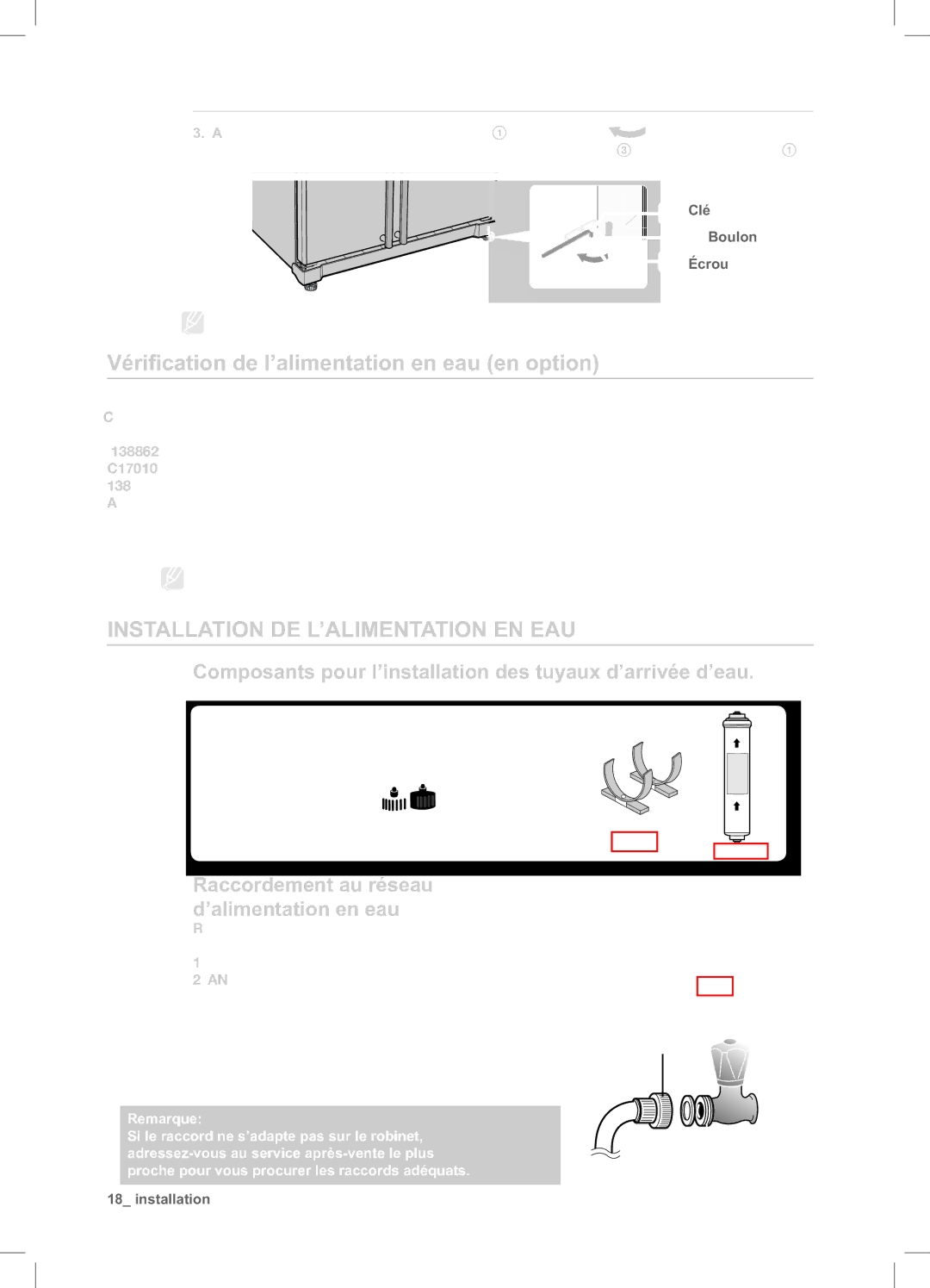 Samsung RSA1DTPE1/XEF, RSA1DTMH1/XEF Vériﬁcation de l’alimentation en eau en option, Installation DE L’ALIMENTATION EN EAU 