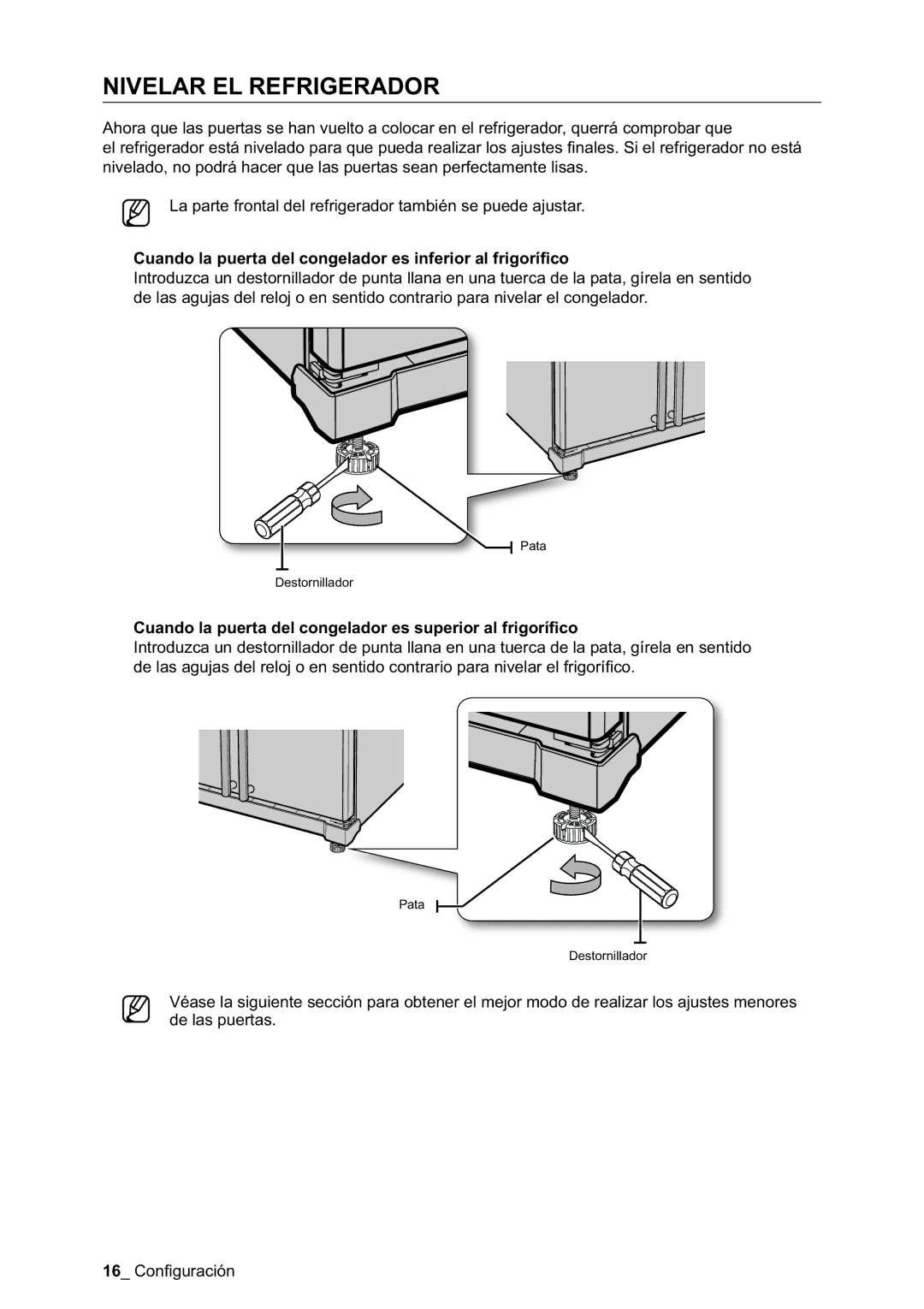 Samsung RSA1NTPE1/XES, RSA1DTPE1/XES Nivelar EL Refrigerador, Cuando la puerta del congelador es inferior al frigoríﬁco 