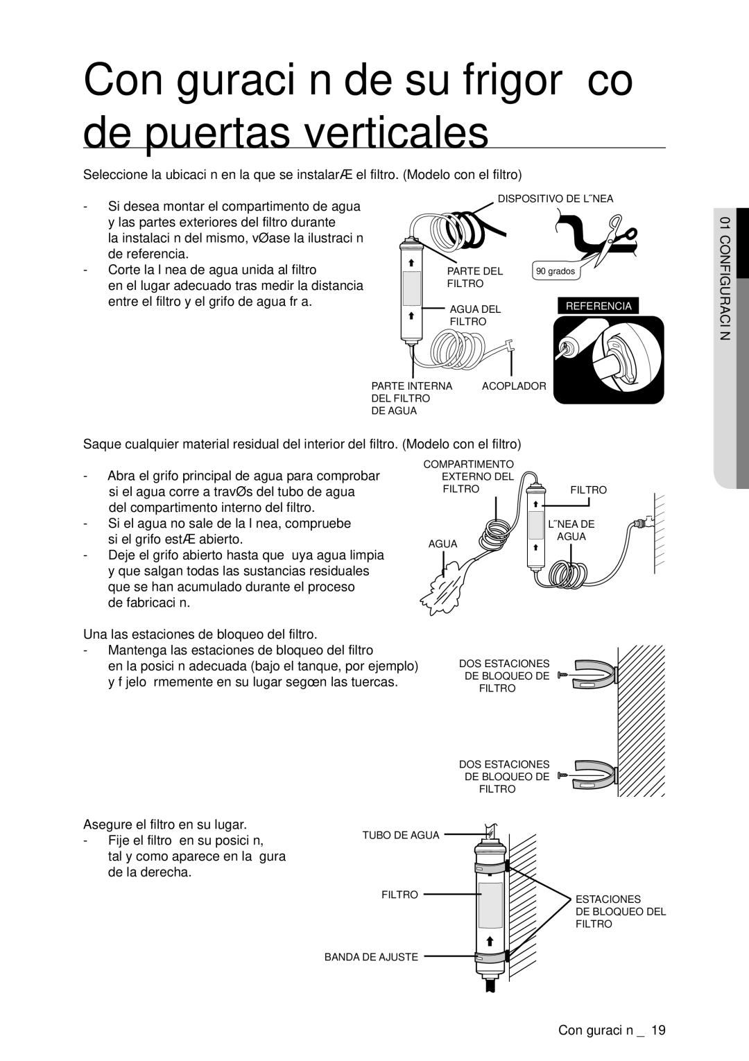 Samsung RSA1SHWP1/XES, RSA1NTPE1/XES, RSA1DTPE1/XES Una las estaciones de bloqueo del filtro, Asegure el filtro en su lugar 