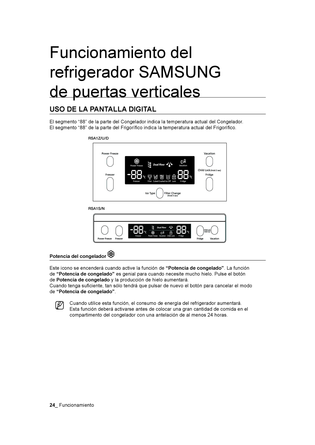 Samsung RSA1NTPE1/XES, RSA1DTPE1/XES, RSA1DTWP1/XES, RSA1SHWP1/XES manual USO DE LA Pantalla Digital, Potencia del congelador 