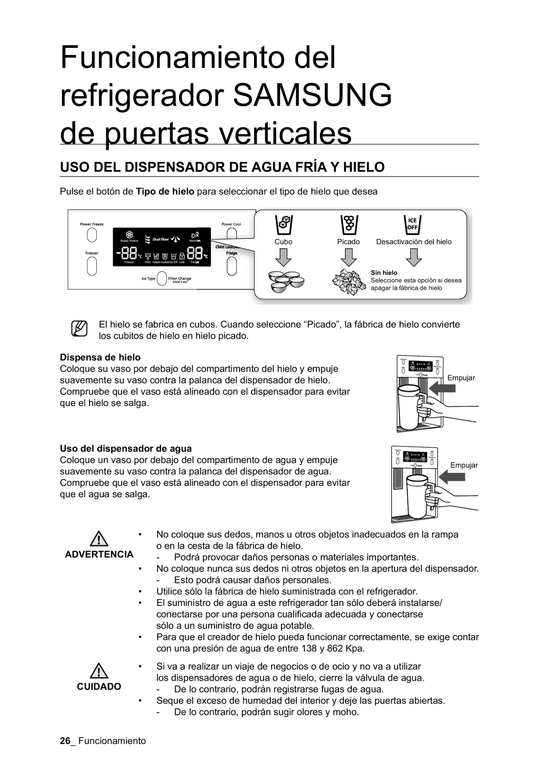 Samsung RSA1DTWP1/XES manual USO DEL Dispensador DE Agua Fría Y Hielo, Dispensa de hielo, Uso del dispensador de agua 