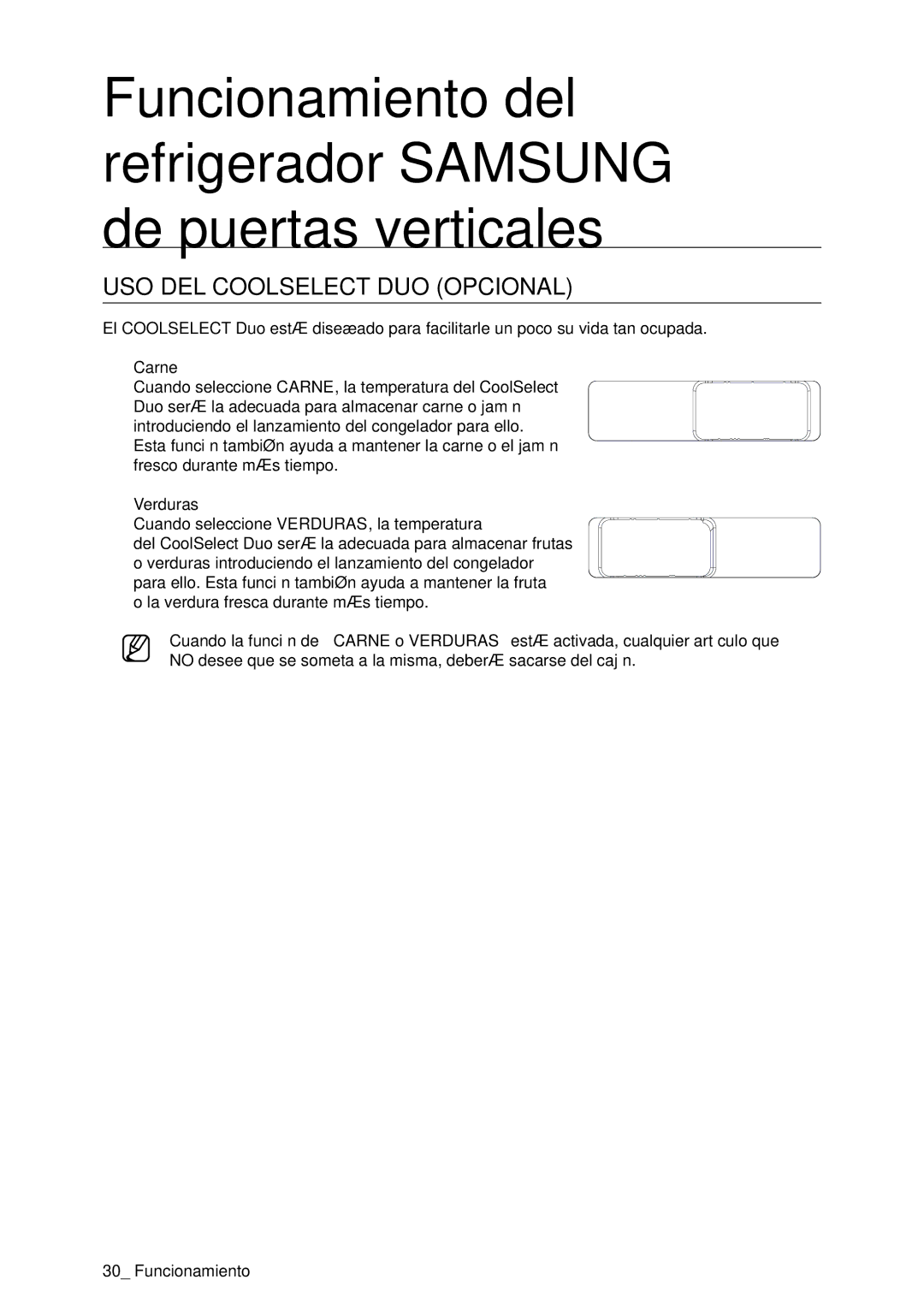 Samsung RSA1DTWP1/XES, RSA1NTPE1/XES, RSA1DTPE1/XES, RSA1SHWP1/XES manual USO DEL Coolselect DUO Opcional, Carne, Verduras 