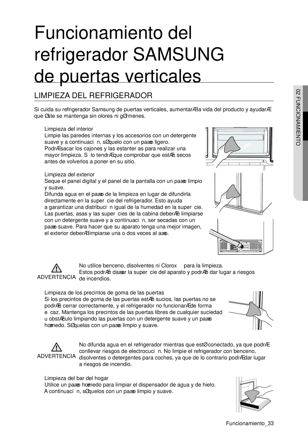 Samsung RSA1DTPE1/XES Limpieza DEL Refrigerador, Limpieza del interior, Limpieza del exterior, Limpieza del bar del hogar 