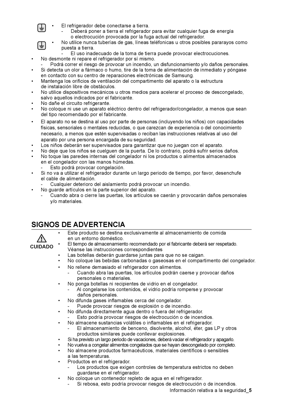 Samsung RSA1DTPE1/XES, RSA1NTPE1/XES, RSA1DTWP1/XES, RSA1SHWP1/XES manual Signos DE Advertencia, Cuidado 