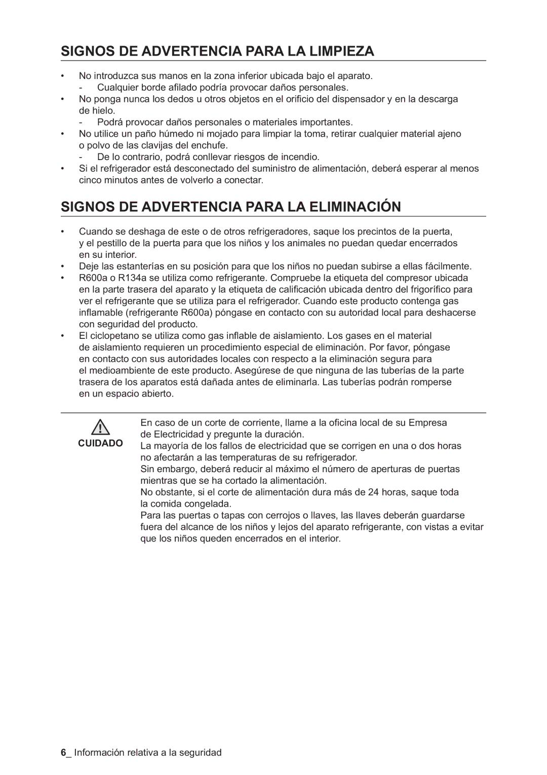 Samsung RSA1DTWP1/XES, RSA1NTPE1/XES Signos DE Advertencia Para LA Limpieza, Signos DE Advertencia Para LA Eliminación 