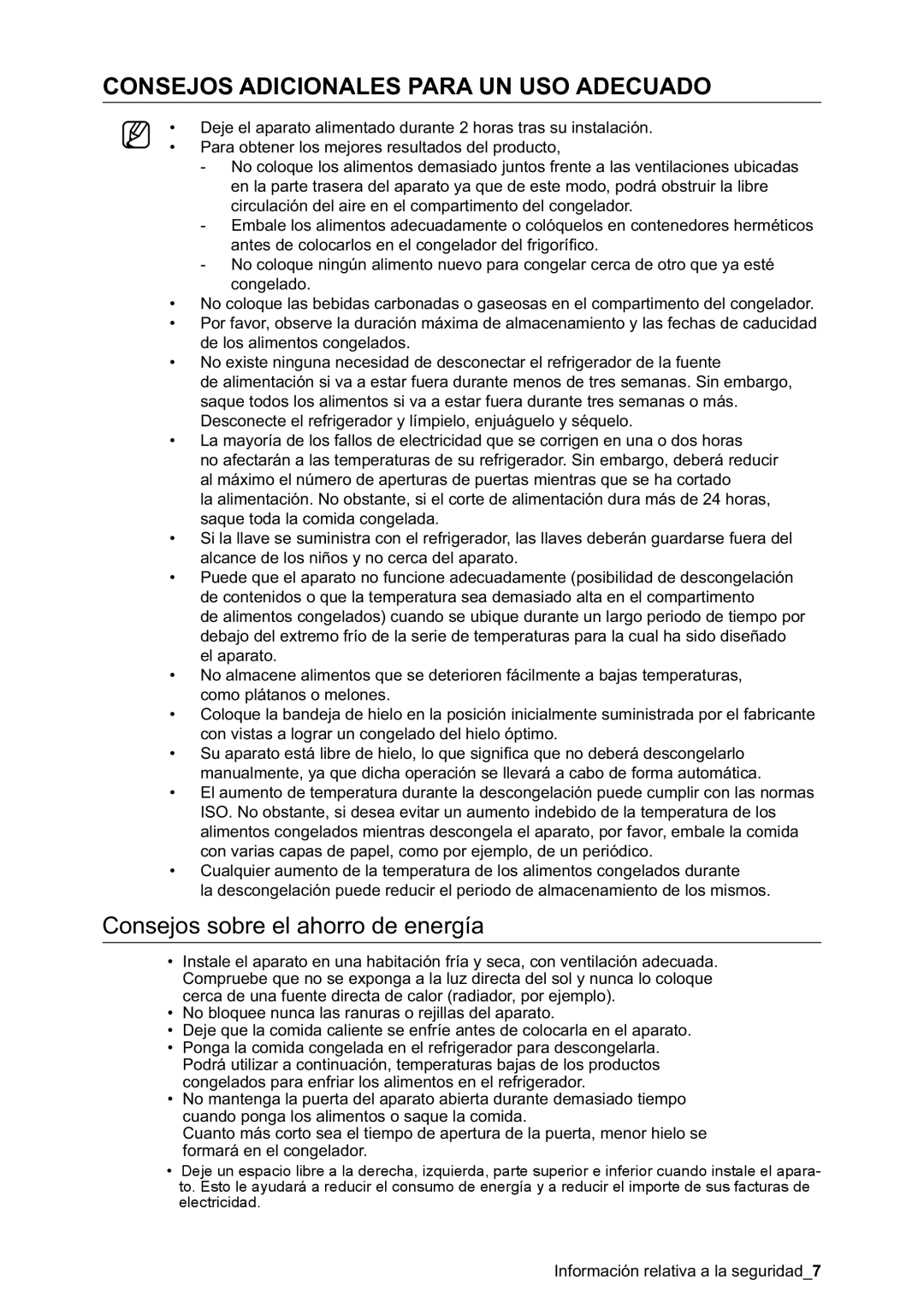 Samsung RSA1SHWP1/XES, RSA1NTPE1/XES manual Consejos Adicionales Para UN USO Adecuado, Consejos sobre el ahorro de energía 