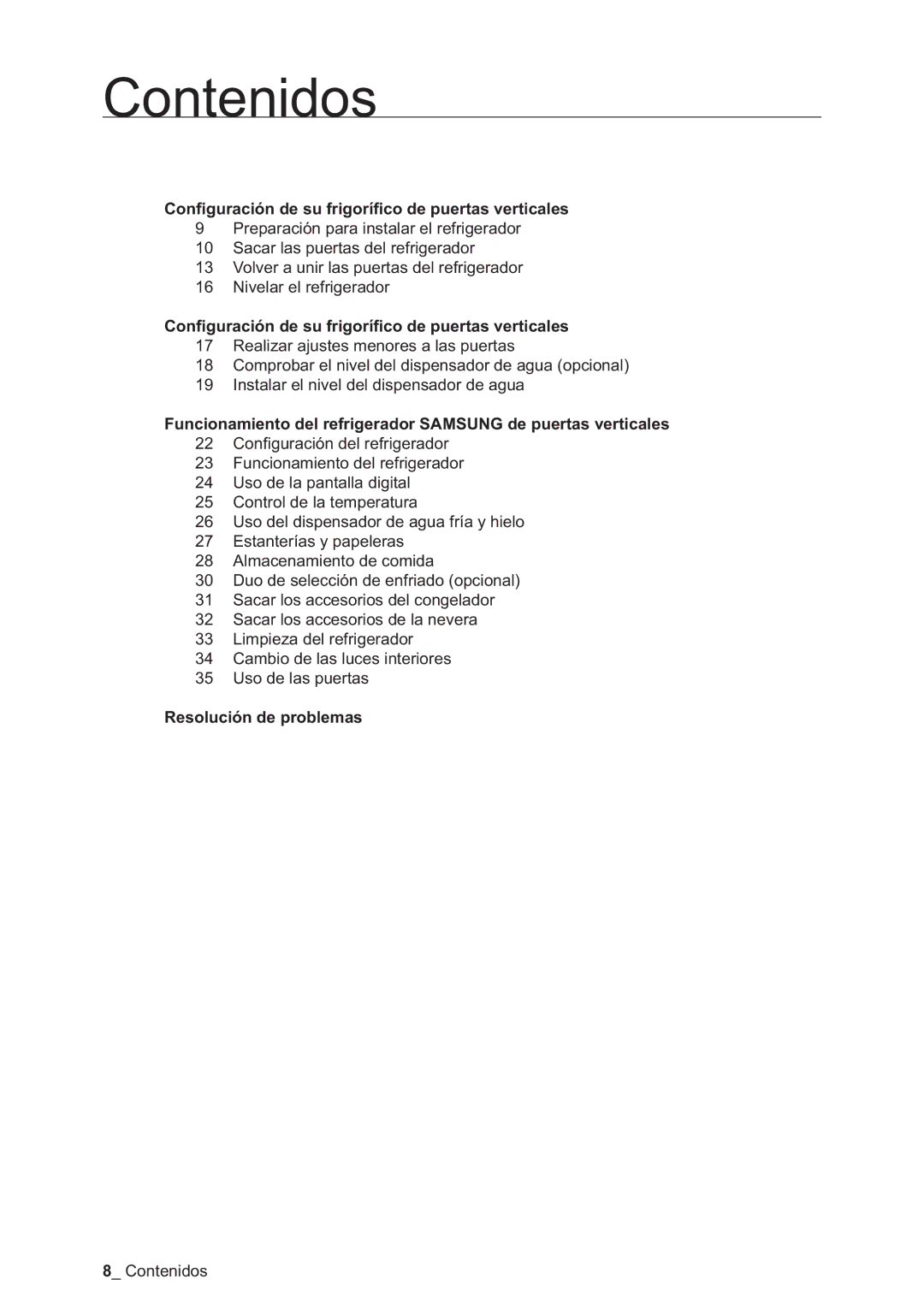 Samsung RSA1NTPE1/XES manual Contenidos, Conﬁguración de su frigoríﬁco de puertas verticales, Resolución de problemas 