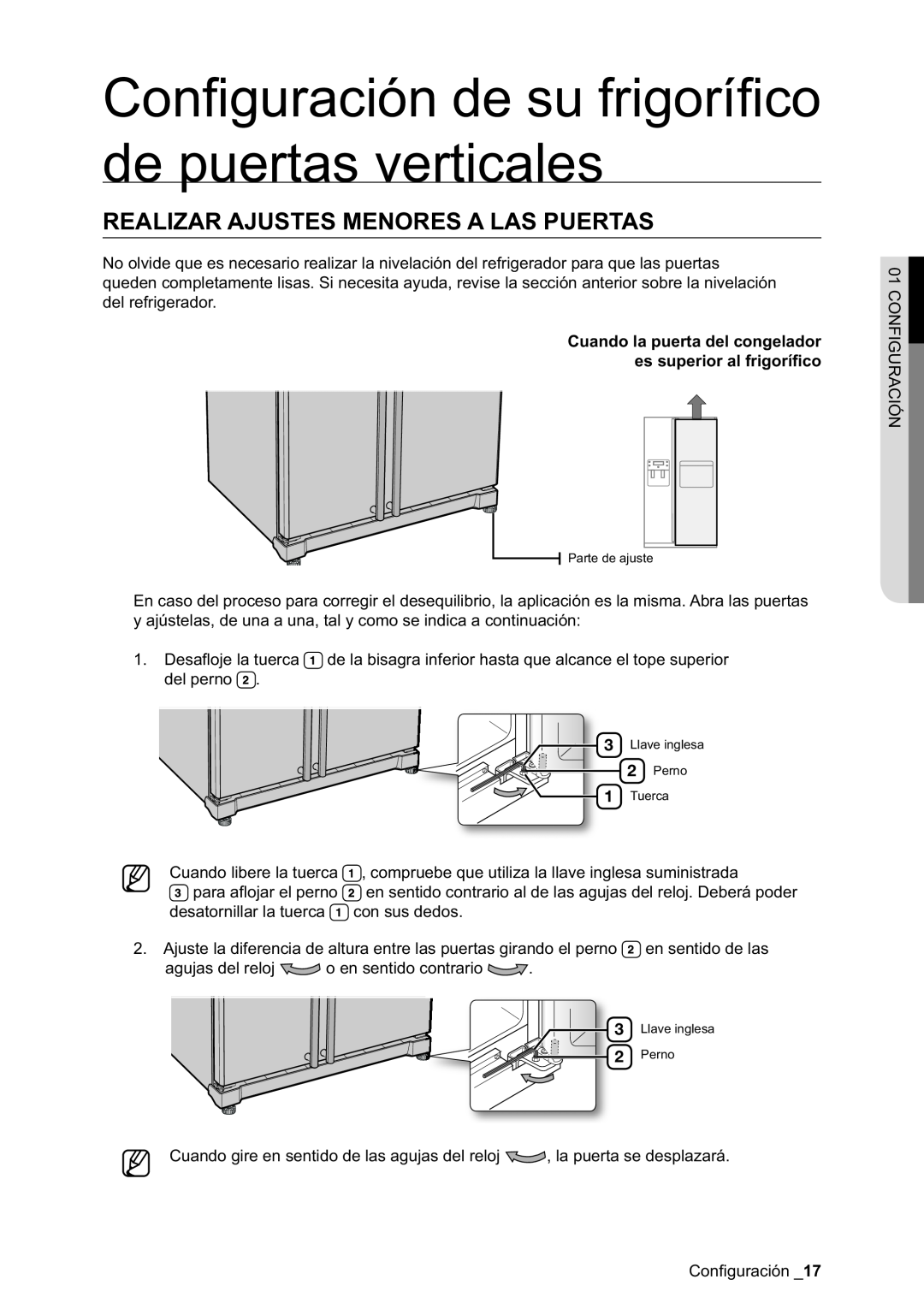 Samsung RSA1NTVG1/XES manual Realizar Ajustes Menores A Las Puertas, Conﬁguración de su frigoríﬁco de puertas verticales 