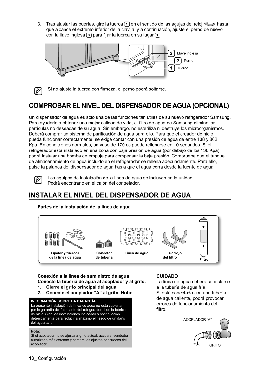 Samsung RSA1NTPE1/XES manual Comprobar El Nivel Del Dispensador De Agua Opcional, Instalar El Nivel Del Dispensador De Agua 