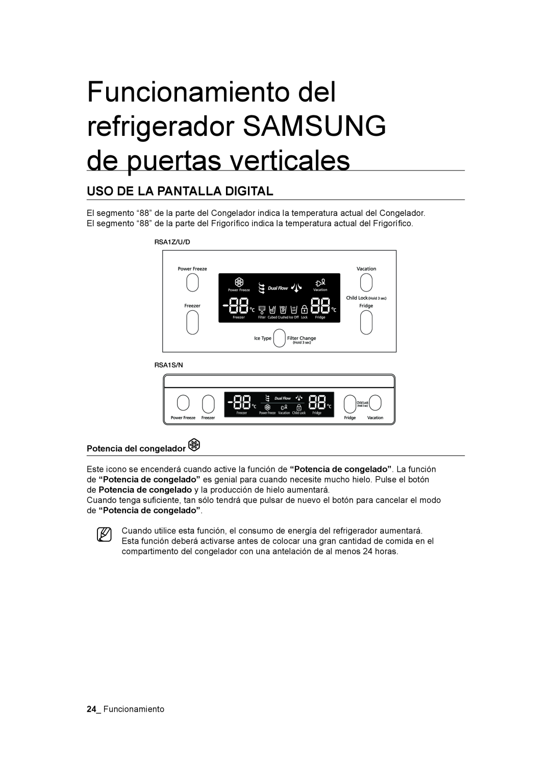 Samsung RSA1NTPE1/XES manual Uso De La Pantalla Digital, Funcionamiento del refrigerador SAMSUNG de puertas verticales 