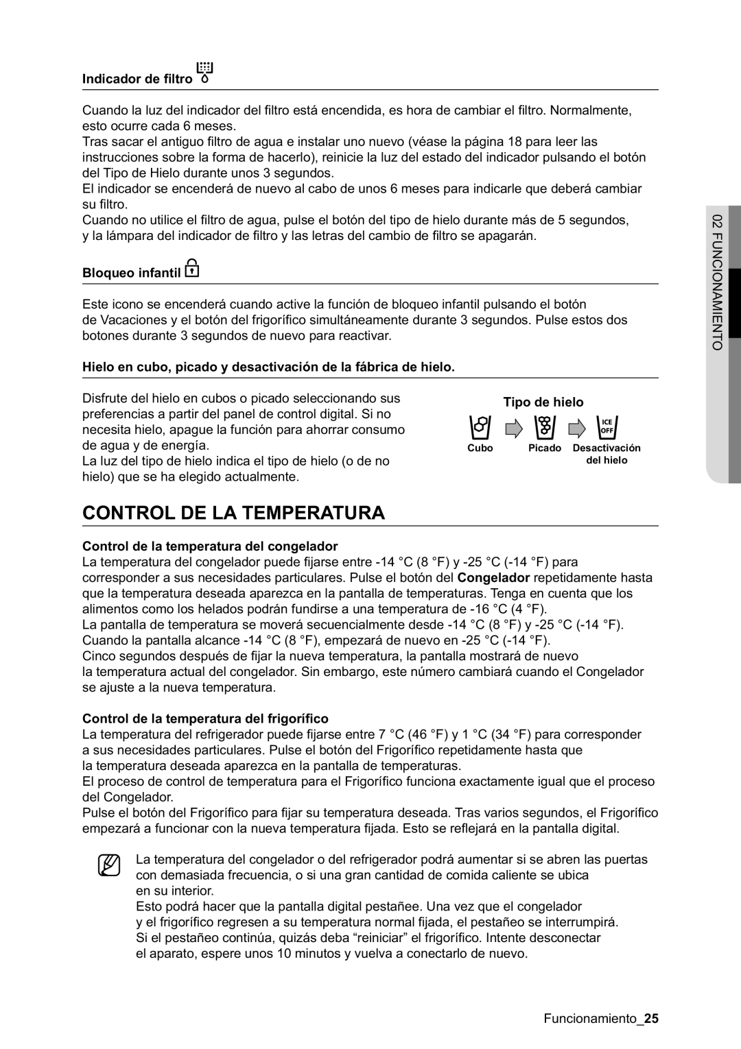Samsung RSA1NTVG1/XES, RSA1NTPE1/XES manual Control De La Temperatura, Indicador de ﬁltro, Bloqueo infantil, Tipo de hielo 