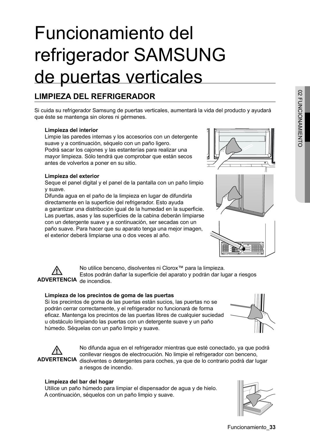 Samsung RSA1NTVG1/XES manual Limpieza Del Refrigerador, Funcionamiento del refrigerador SAMSUNG de puertas verticales 