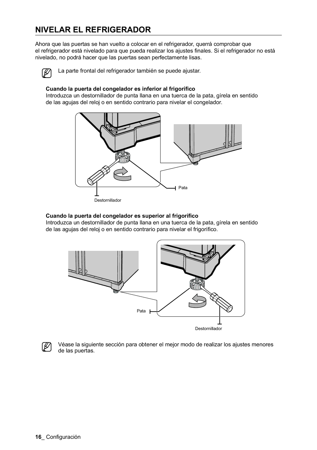 Samsung RSA1NTPE1/XES, RSA1STWP1/XES Nivelar EL Refrigerador, Cuando la puerta del congelador es inferior al frigoríﬁco 