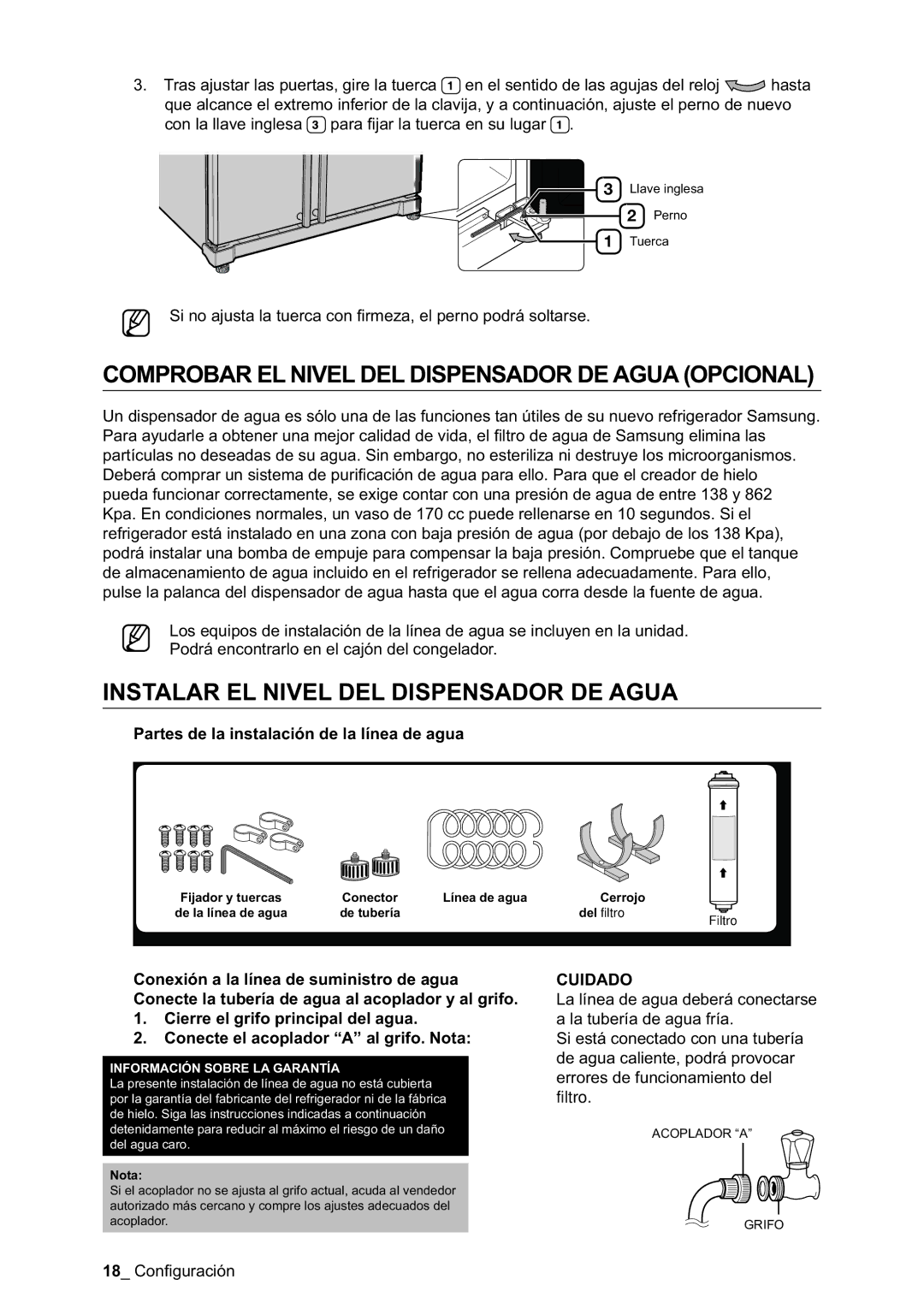 Samsung RSA1NTPE1/XES manual Comprobar EL Nivel DEL Dispensador DE Agua Opcional, Instalar EL Nivel DEL Dispensador DE Agua 