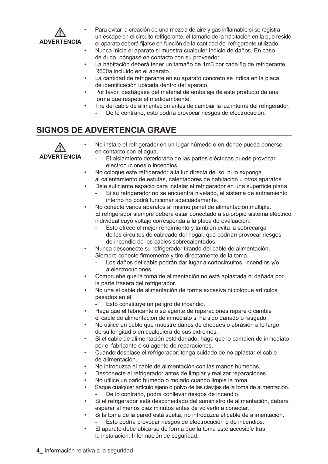 Samsung RSA1NTPE1/XES, RSA1STWP1/XES manual Signos DE Advertencia Grave 