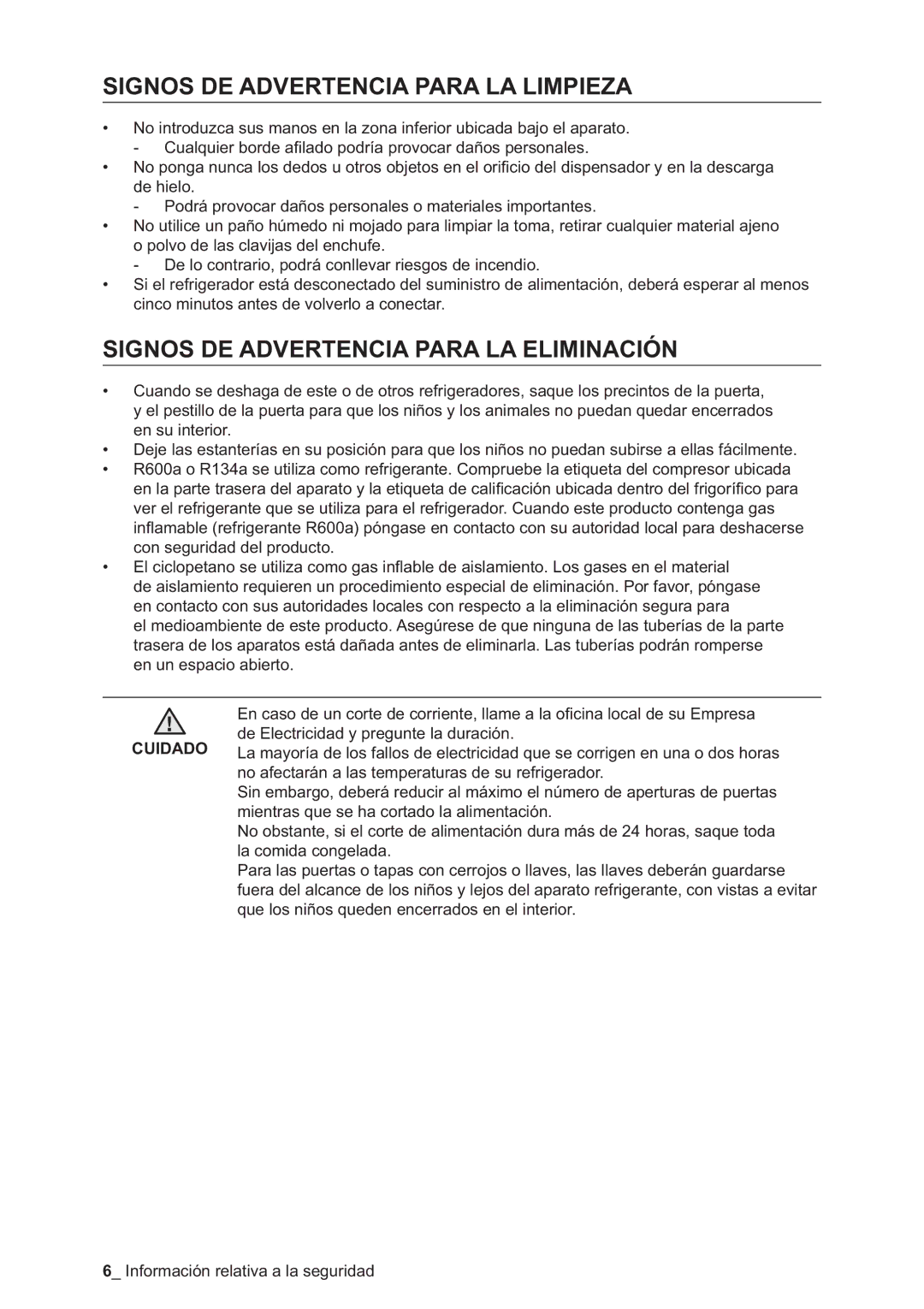 Samsung RSA1NTPE1/XES, RSA1STWP1/XES Signos DE Advertencia Para LA Limpieza, Signos DE Advertencia Para LA Eliminación 