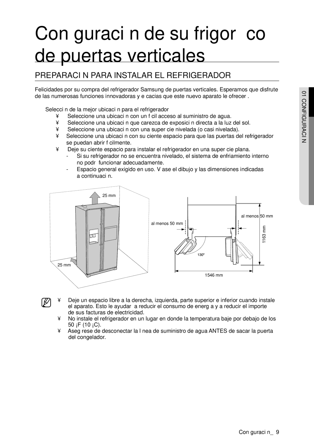 Samsung RSA1STWP1/XES manual Conﬁguración de su frigoríﬁco de puertas verticales, Preparación Para Instalar EL Refrigerador 