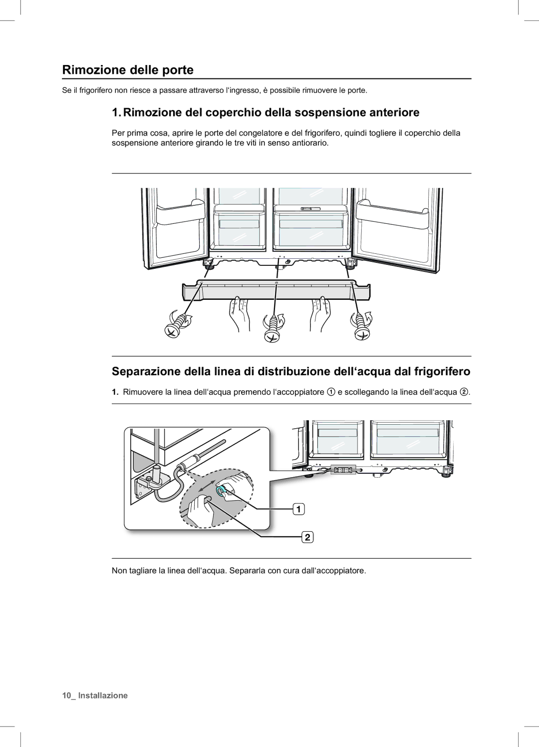 Samsung RSA1NTPE1/XES manual Rimozione delle porte, Rimozione del coperchio della sospensione anteriore 