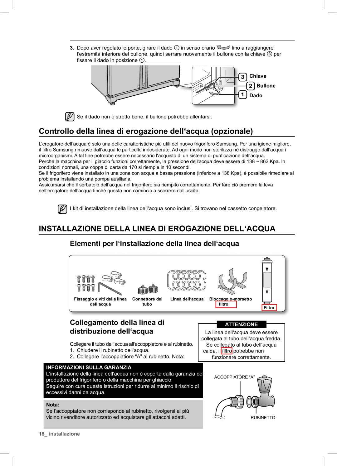 Samsung RSA1NTPE1/XES manual Controllo della linea di erogazione dell‘acqua opzionale 