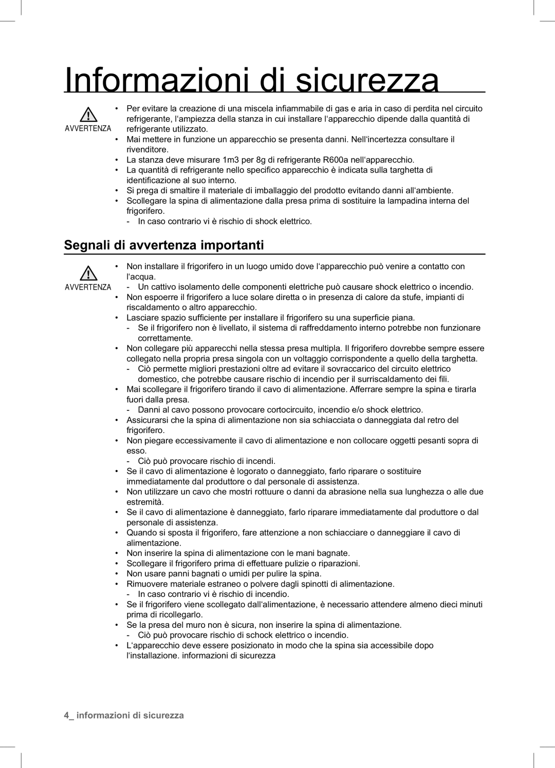 Samsung RSA1NTPE1/XES manual Segnali di avvertenza importanti, Informazioni di sicurezza 