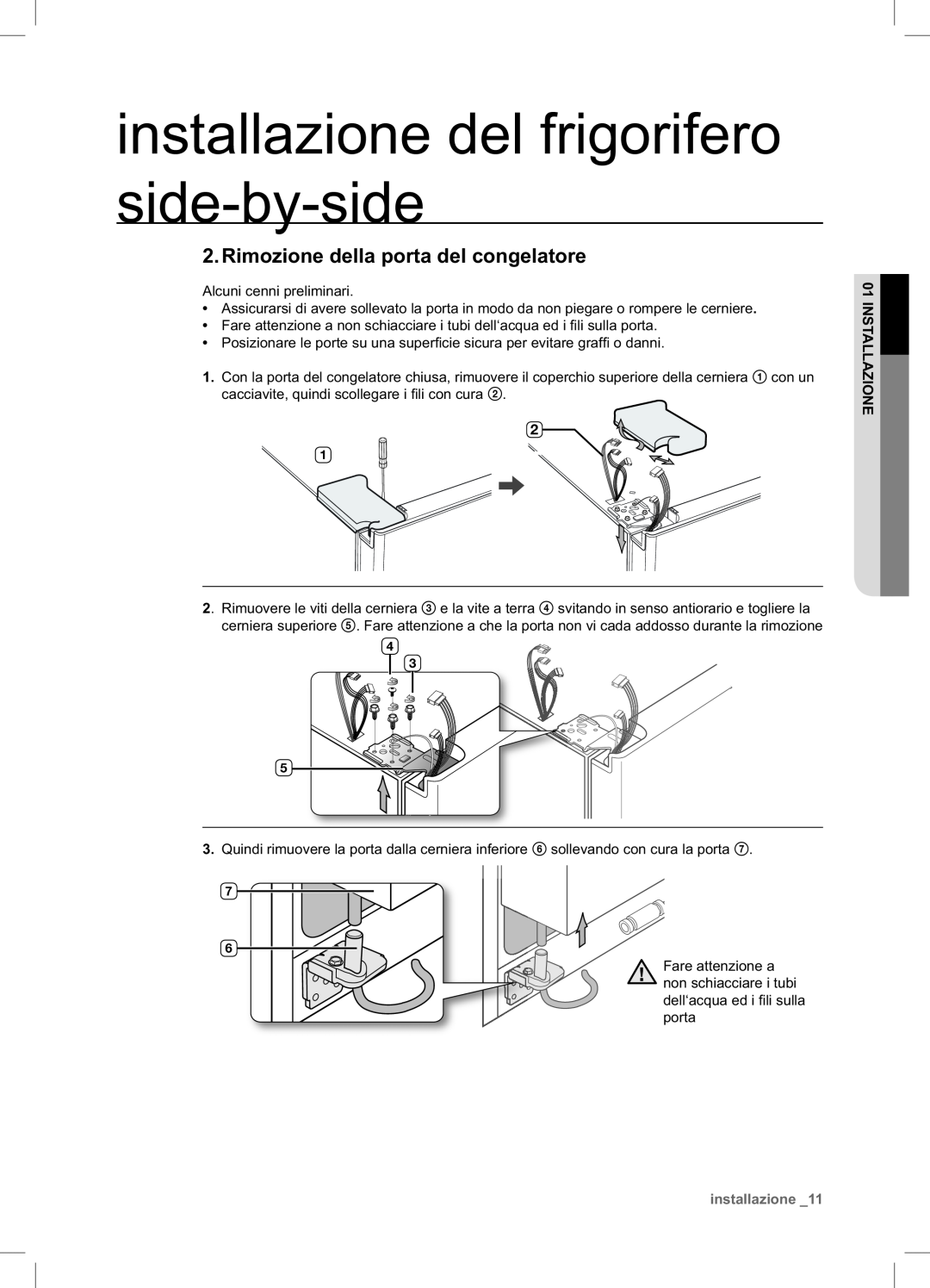 Samsung RSA1NTPE1/XES manual installazione del frigorifero side-by-side, Rimozione della porta del congelatore 