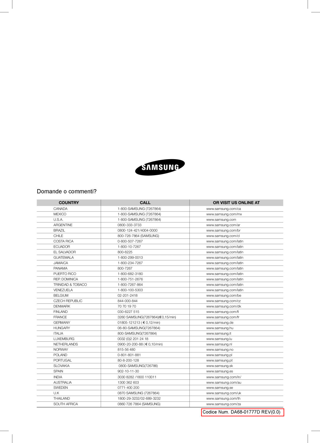 Samsung RSA1NTPE1/XES manual Domande o commenti?, Codice Num. DA68-01777D REV0.0, Country, Call, Or Visit Us Online At 