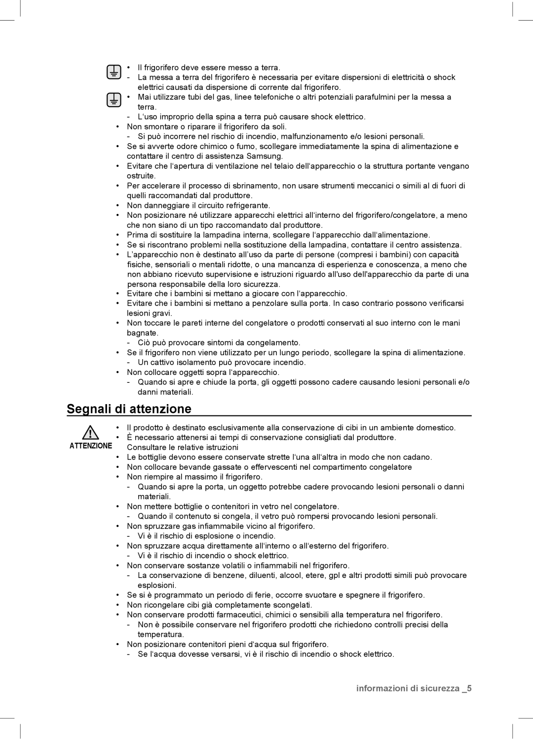 Samsung RSA1NTPE1/XES manual Segnali di attenzione, informazioni di sicurezza 