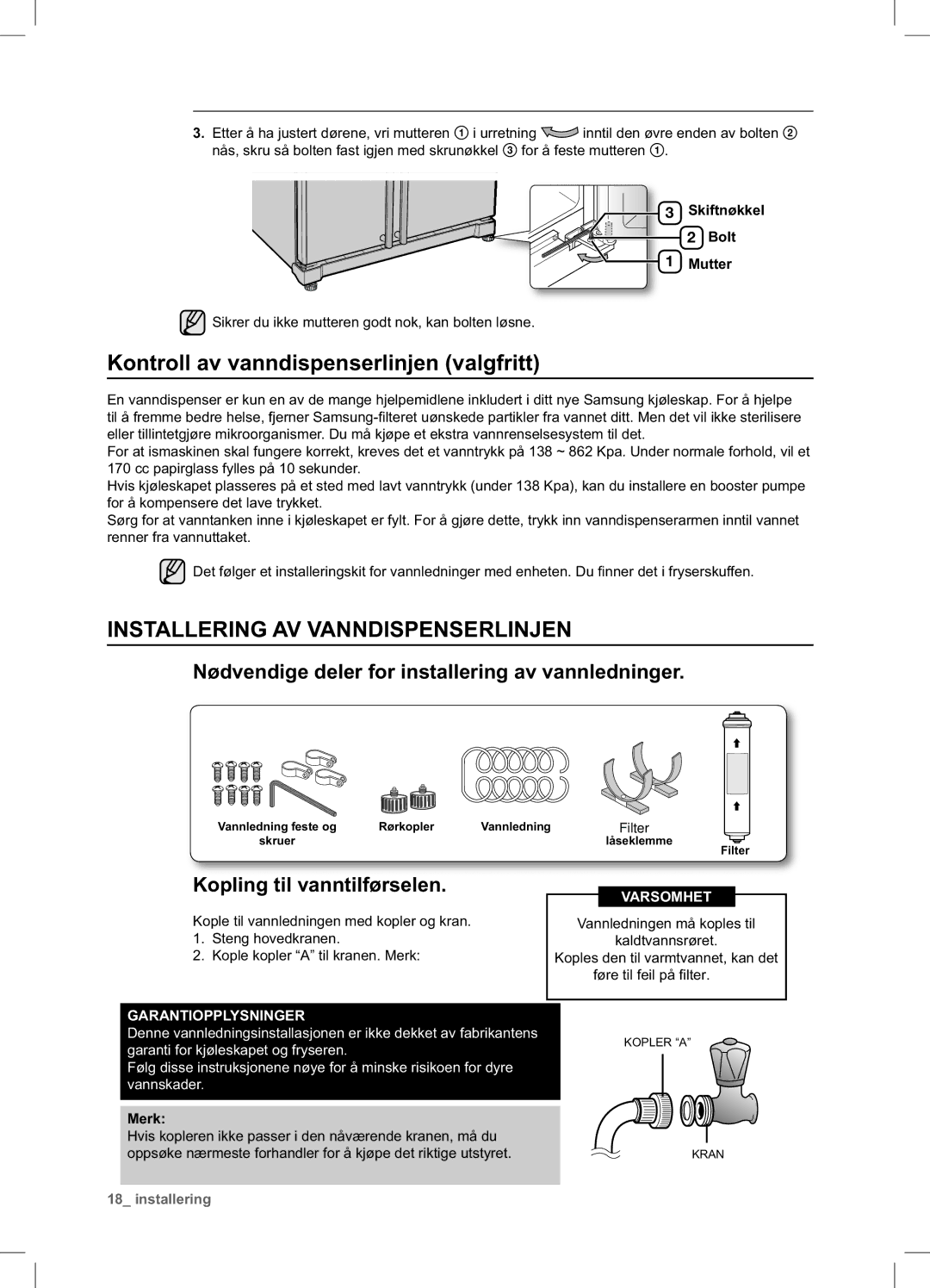 Samsung RSA1UHMG1/XEE manual Kontroll av vanndispenserlinjen valgfritt, Installering AV Vanndispenserlinjen 