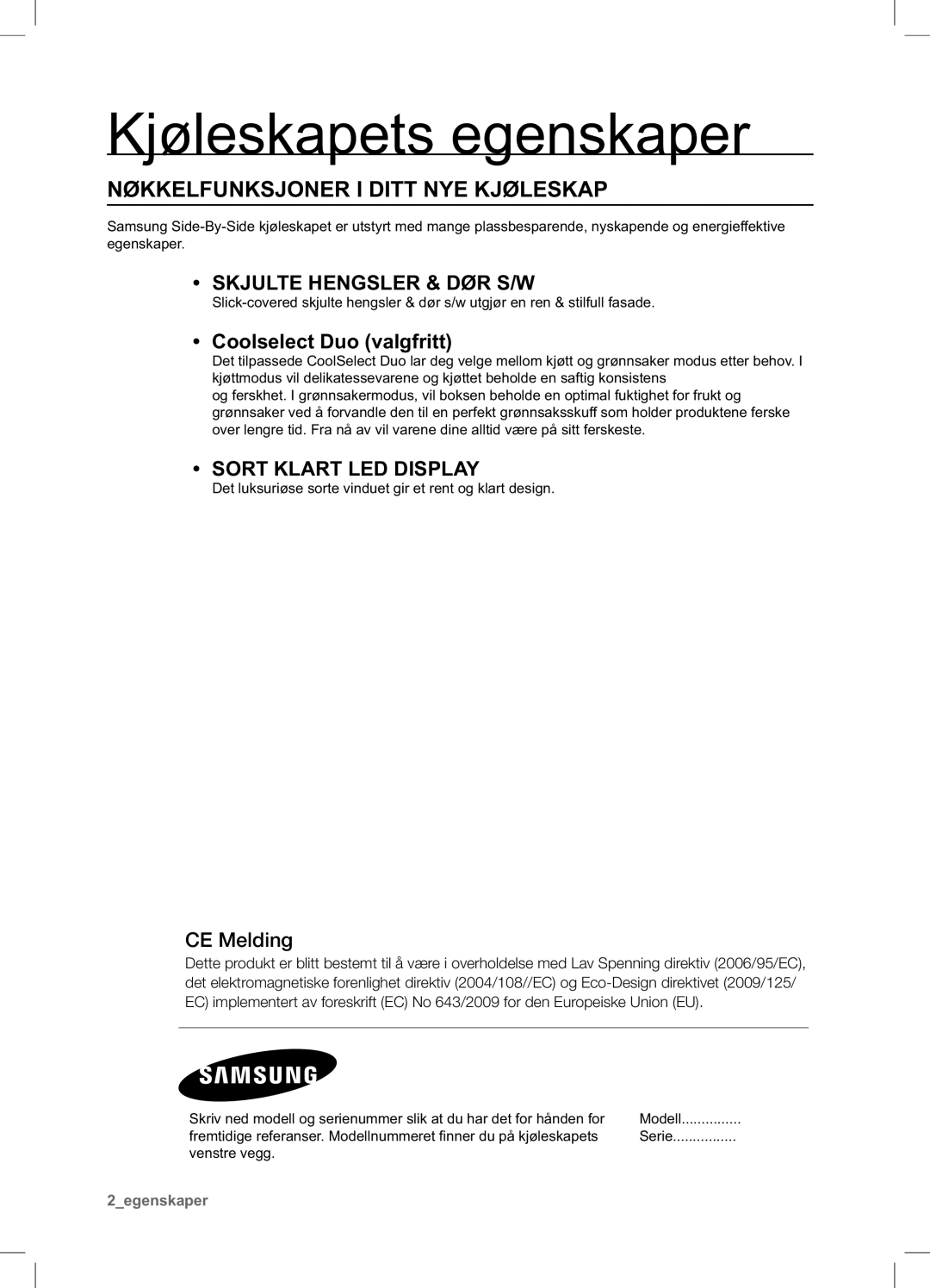 Samsung RSA1UHMG1/XEE manual Kjøleskapets egenskaper, Nøkkelfunksjoner I Ditt NYE Kjøleskap, Coolselect Duo valgfritt 