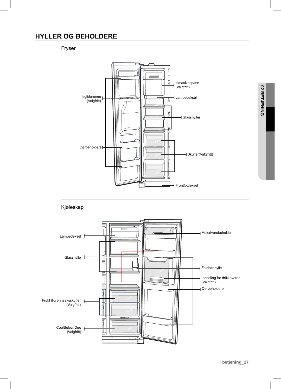 Samsung RSA1UHMG1/XEE manual Hyller OG Beholdere, Fryser, Kjøleskap 