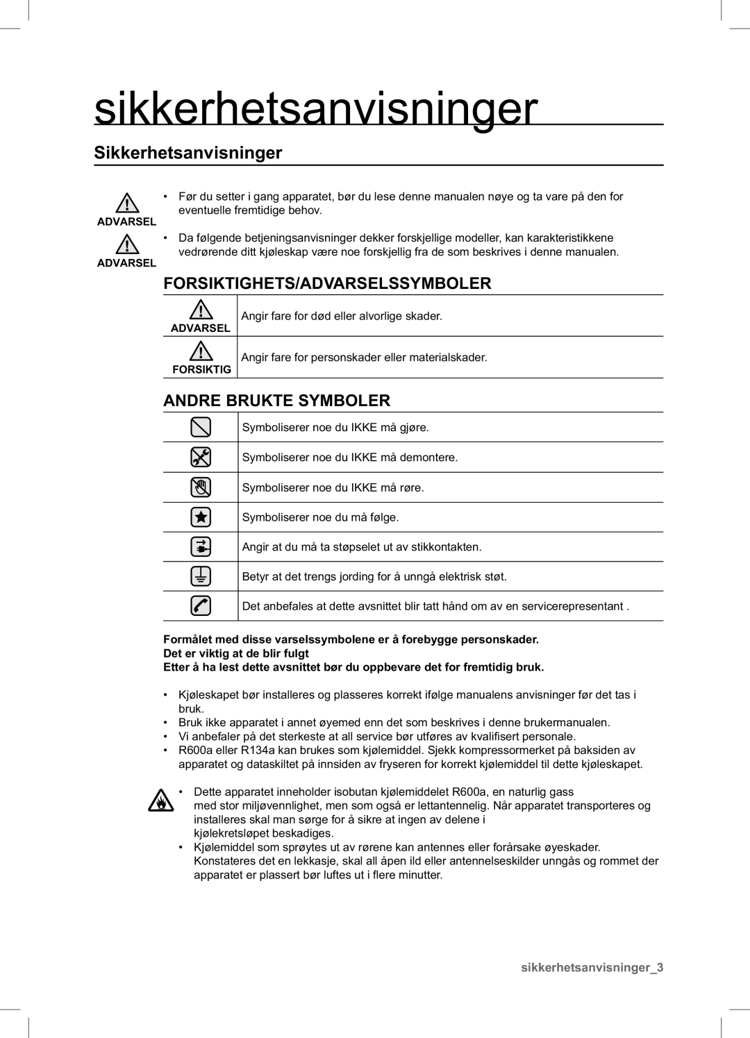 Samsung RSA1UHMG1/XEE manual Sikkerhetsanvisninger 