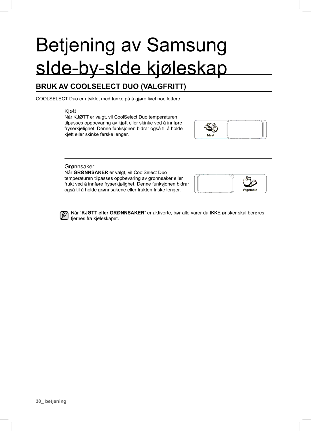 Samsung RSA1UHMG1/XEE manual Bruk AV Coolselect DUO Valgfritt, Kjøtt, Grønnsaker 