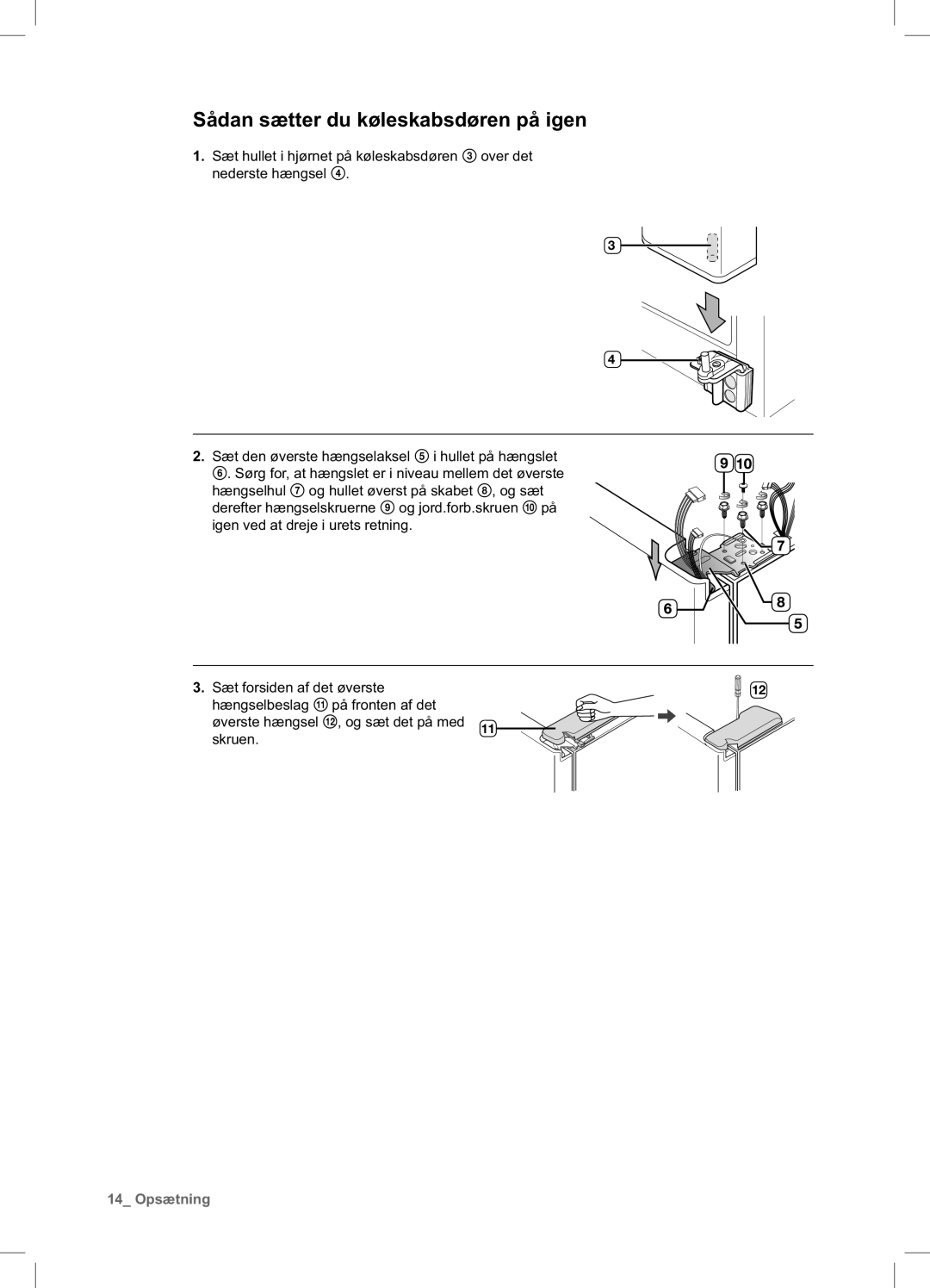 Samsung RSA1UHWP1/XEE, RSA1UHPE1/XEE manual Sådan sætter du køleskabsdøren på igen 