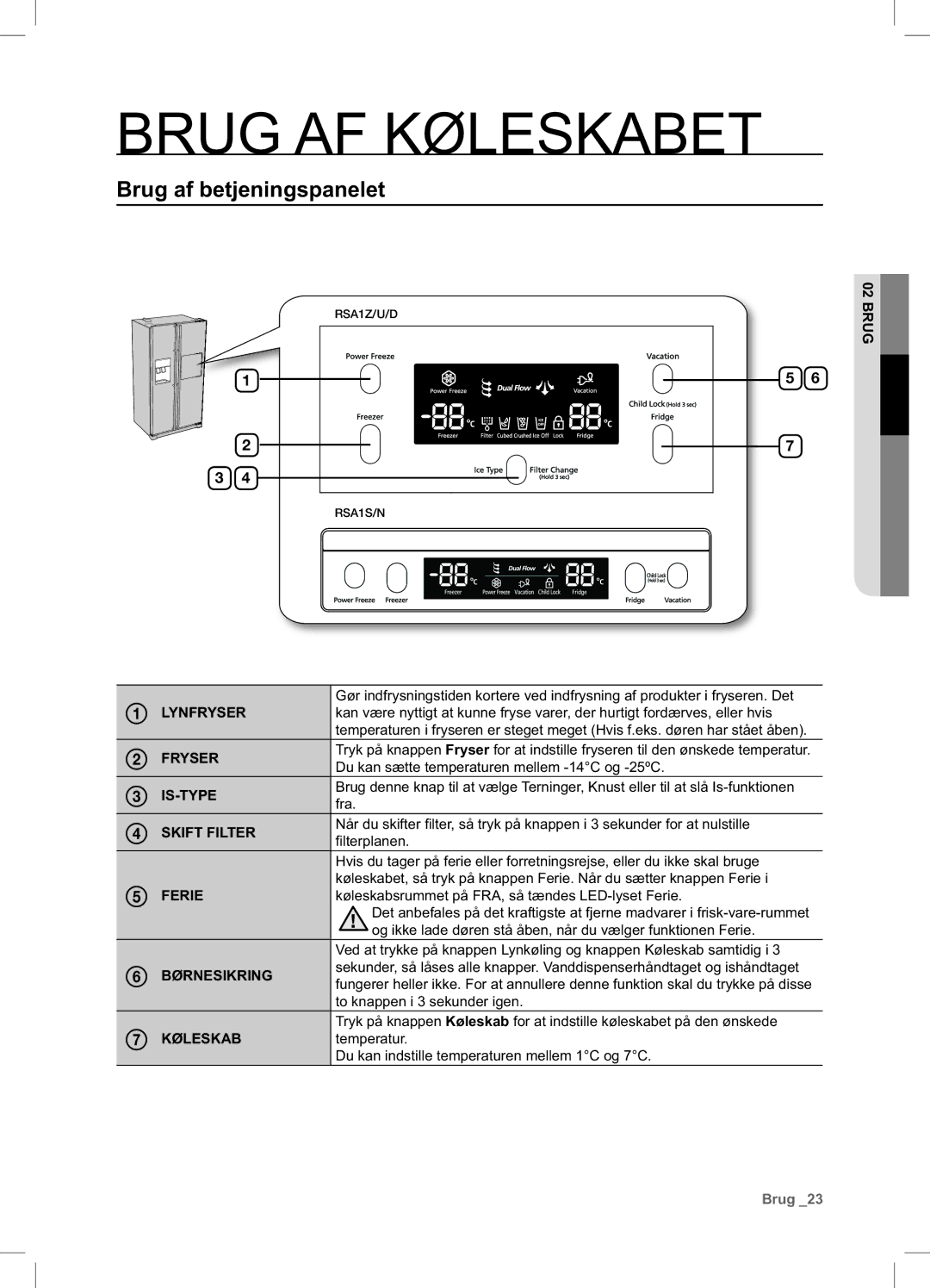 Samsung RSA1UHPE1/XEE, RSA1UHWP1/XEE manual Brug AF Køleskabet, Brug af betjeningspanelet 