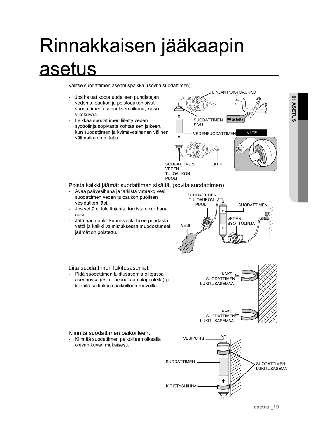 Samsung RSA1UHPE1/XEE, RSA1UHWP1/XEE manual Liitä suodattimen lukitusasemat, Kiinnitä suodattimen paikoilleen 