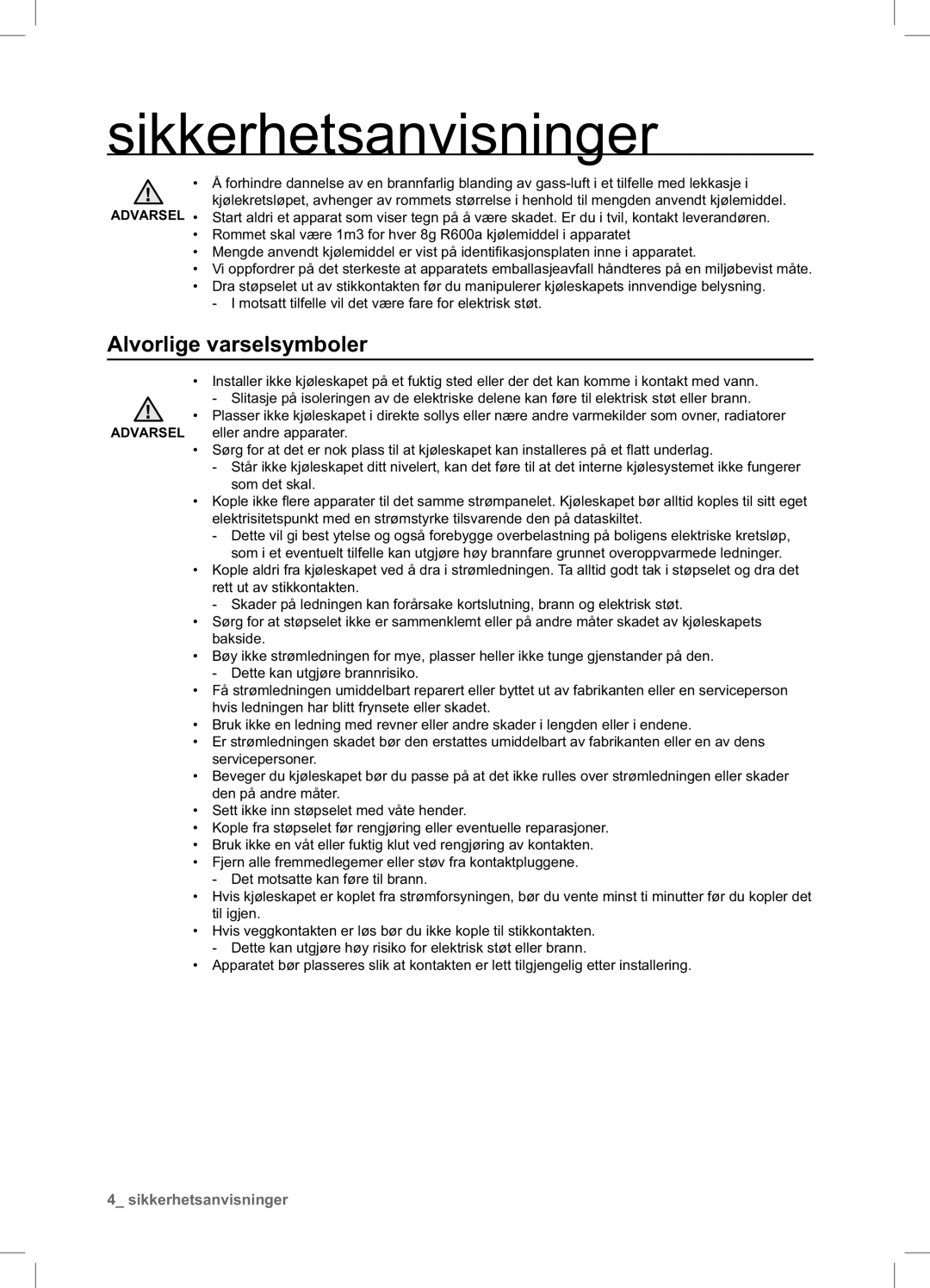 Samsung RSA1UHWP1/XEE, RSA1UHPE1/XEE manual Alvorlige varselsymboler, Sikkerhetsanvisninger 