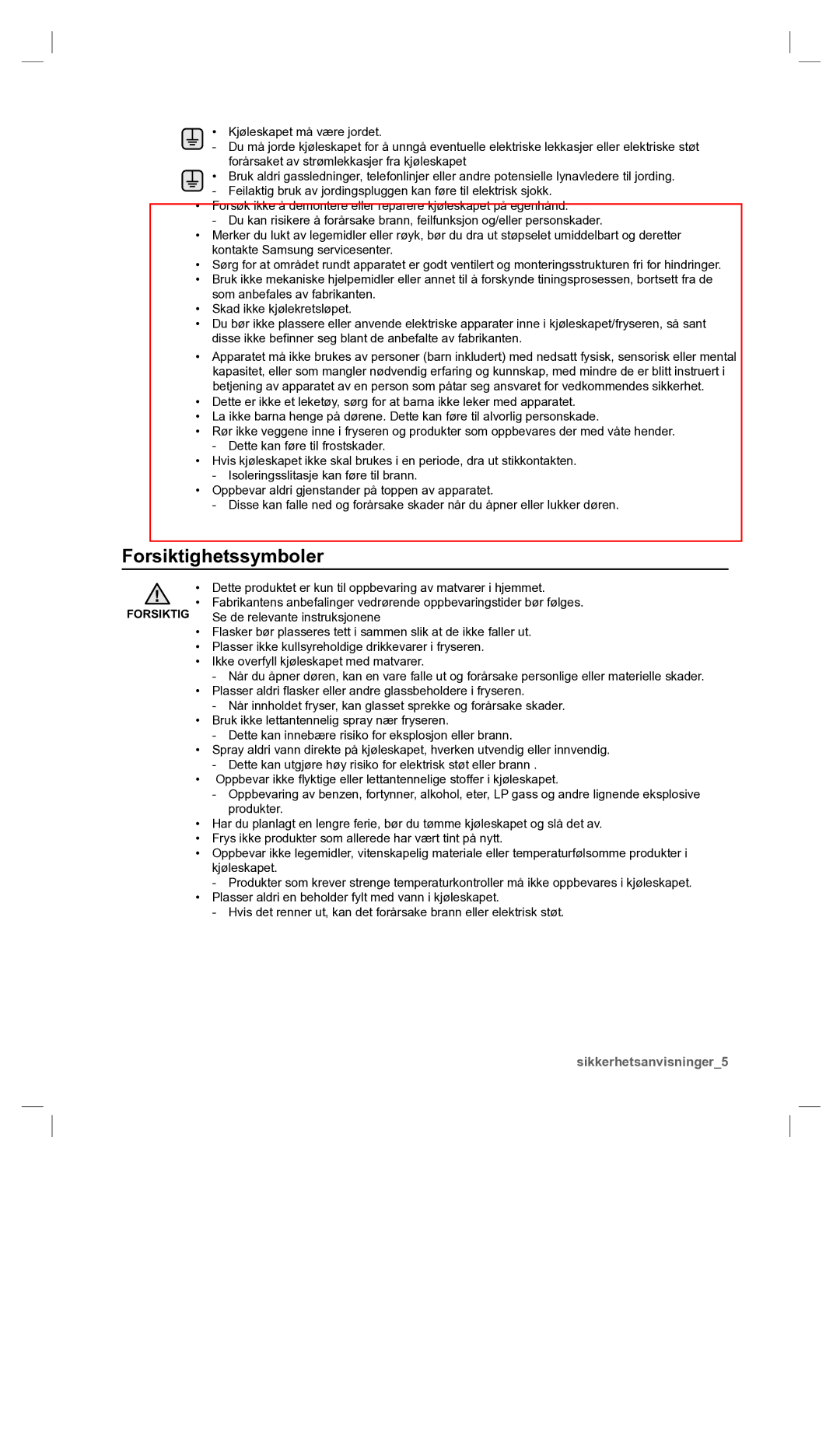 Samsung RSA1UHPE1/XEE, RSA1UHWP1/XEE manual Forsiktighetssymboler 