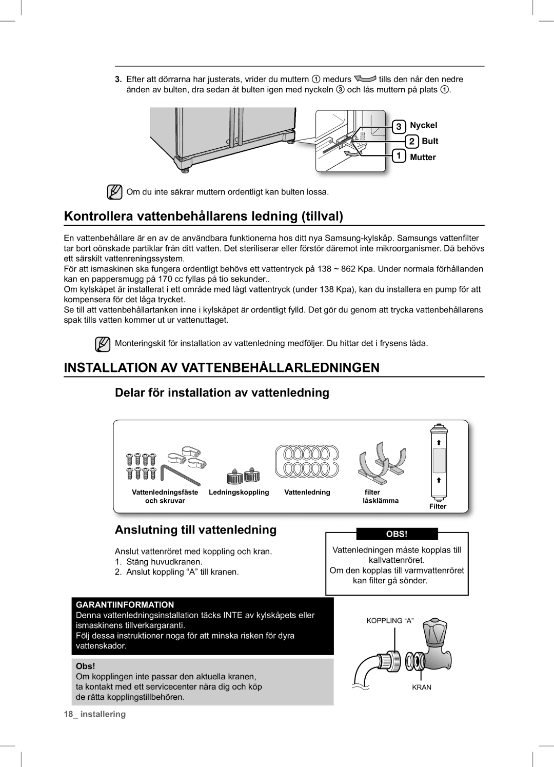 Samsung RSA1UHWP1/XEE manual Kontrollera vattenbehållarens ledning tillval, Installation AV Vattenbehållarledningen 