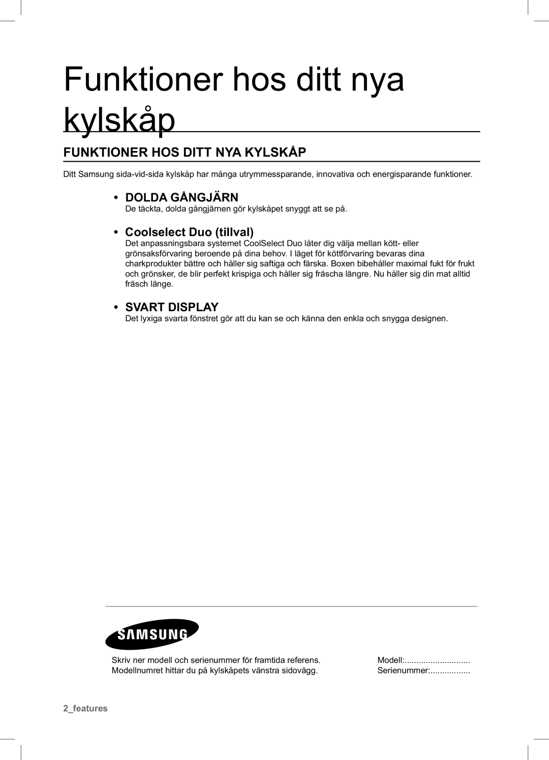 Samsung RSA1UHWP1/XEE manual Funktioner hos ditt nya kylskåp, Funktioner HOS Ditt NYA Kylskåp, Coolselect Duo tillval 