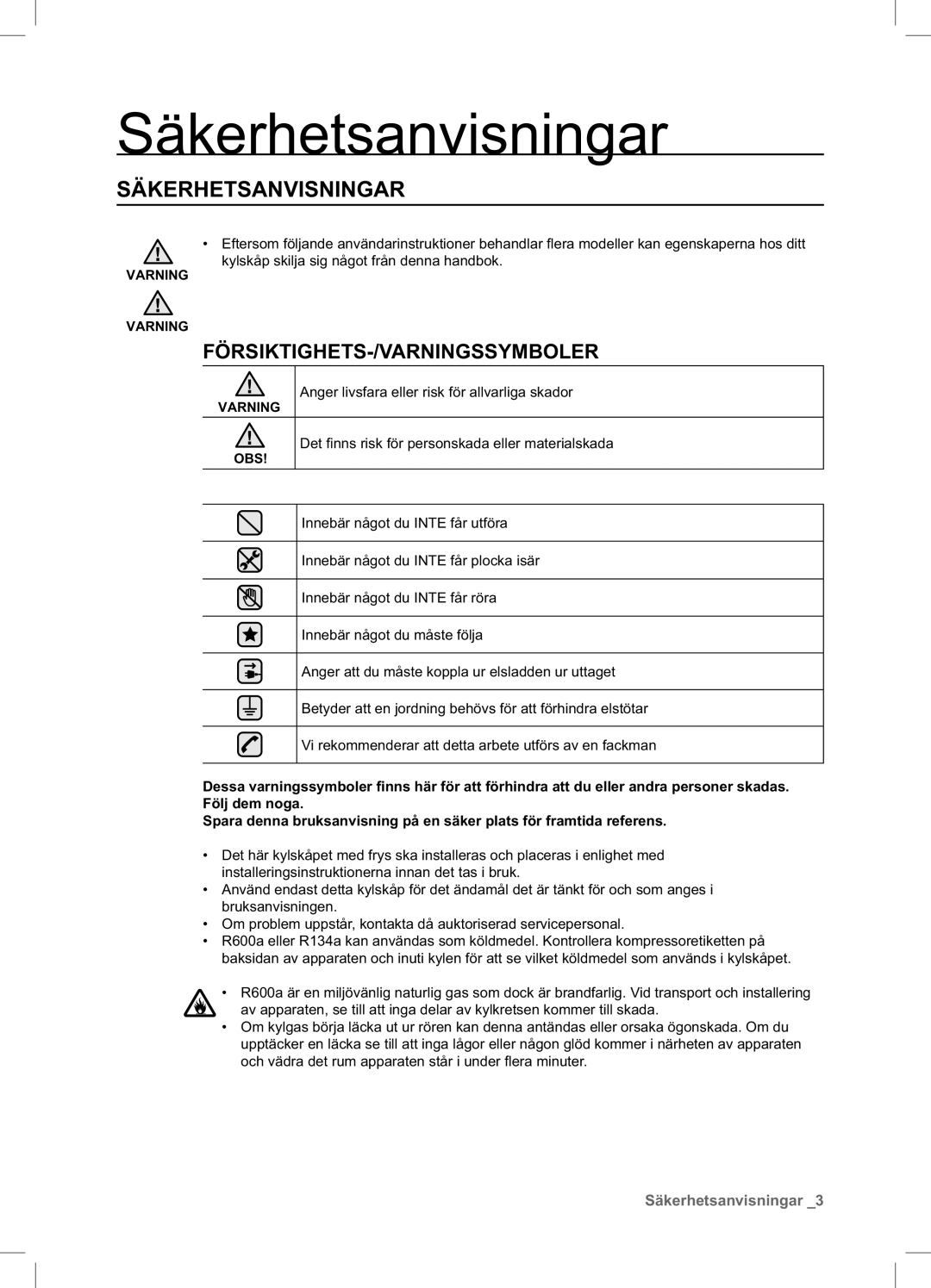 Samsung RSA1UHPE1/XEE, RSA1UHWP1/XEE manual Säkerhetsanvisningar, Varning, Obs 