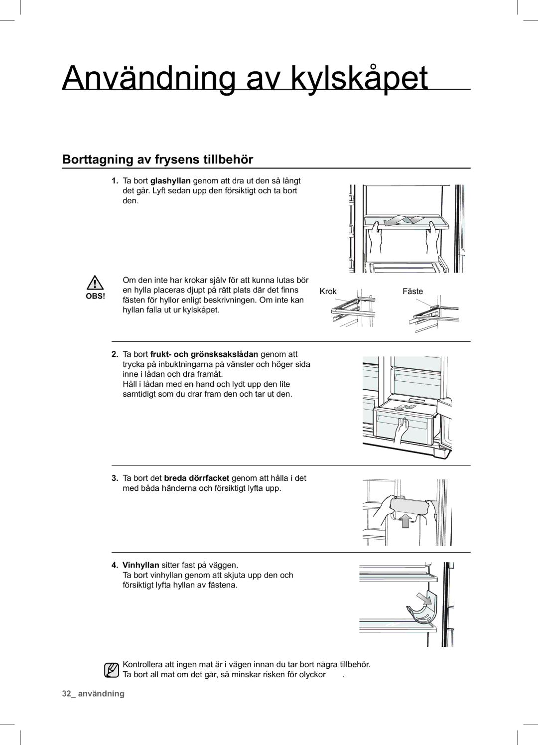 Samsung RSA1UHWP1/XEE, RSA1UHPE1/XEE manual Borttagning av frysens tillbehör 