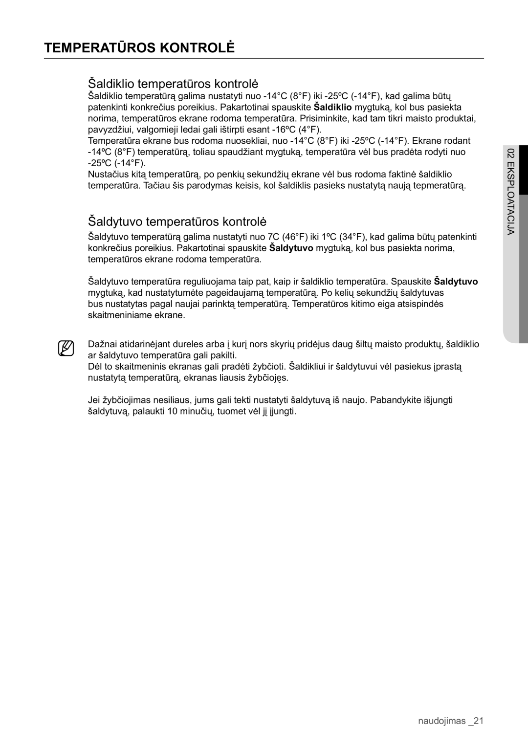 Samsung RSA1WHPE1/BWT manual Temperatūros Kontrolė, Šaldiklio temperatūros kontrolė, Šaldytuvo temperatūros kontrolė 