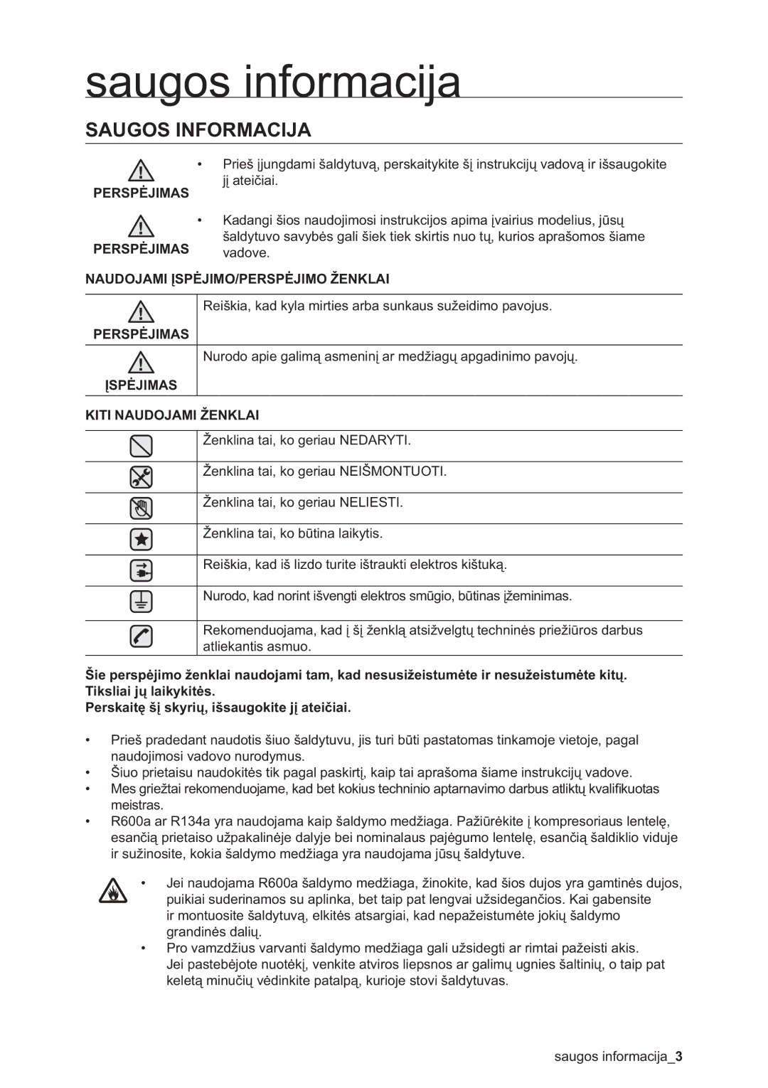 Samsung RSA1WHPE1/BWT manual Saugos informacija 